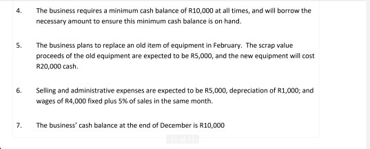 4. The business requires a minimum cash balance of R10,000 at all times, and will borrow the necessary amount to ensure this