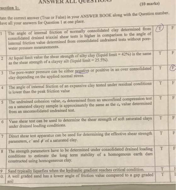 ANSWER ALL QUESO uestion 1: (10 marks) tate the correct answer (True or False) in your ANSWER BOOK along with the Question number, lave all your answers for Question 1 at one place 1 The angle of internal friction of normally consolidated clay determined fromTF consolidated drained triaxial shear tests is higher in comparison to the angle of internal friction value determined from consolidated undrained tests without pore- water pressure measurements. 42%) is the same t F At liquid limit value the shear strength ofsity clay as the shear strength of a clayey silt (liquid limit liquid limit 255%). 2 3 The pore-water pressure can be either pegative or positive in an over consolidated T clay depending on the applied normal stress. angle of internal friction of an expansive clay tested under residual conditionsT 4 The F 5 The undrained cohesion value, ca determined from an unconfined compression test T F is lower than the peak friction value on a saturated clayey sample is approximately the same as the cu value determined from an unconsolidated undrained test. 6 Vane shear test can be used to determine the shear strength of soft saturated clays under drained loading conditions. parameters, c , and φ, of a saturated clay. conditions to estimate the long term stability 7Direct shear test apparatus can be used for determining the effective shear strength T gth parameters have to be determined under consolidated drained loading earth dam T F of a homogenous constructed using homogeneous clay 9 Sand typically liquefies when the hydraulic gradient reaches critical condition 0. A well graded sand has a lower angle of friction value compared to a gap graded T soil