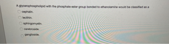 A glycerophospholipid with the phosphate ester group bonded to ethanolamine would be classified as a cephalin. lecithin. sphi