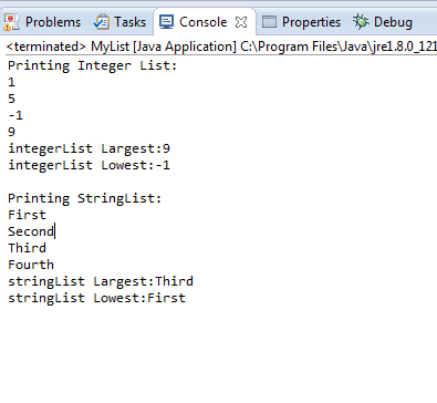 AL Problems Tasks 모 Console X E Properties Debug <terminated MyList [Java Application] CAProgram FilesJava ire1.8.0 121 Print