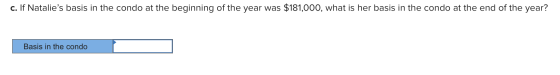 c. If Natalies basis in the condo at the beginning of the year was $181,000, what is her basis in the condo at the end of th