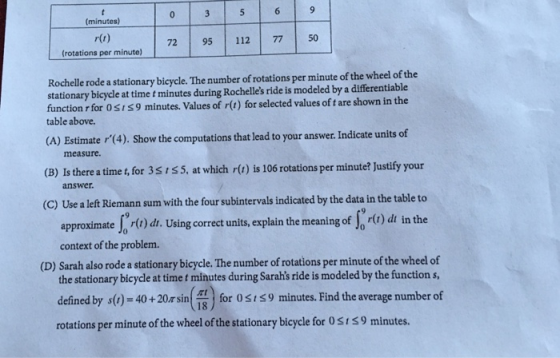 minutes) r(r) (rotations per minute) 72 95 112 775 Rochelle rode a stationary bicycle. The number of rotations per minute of