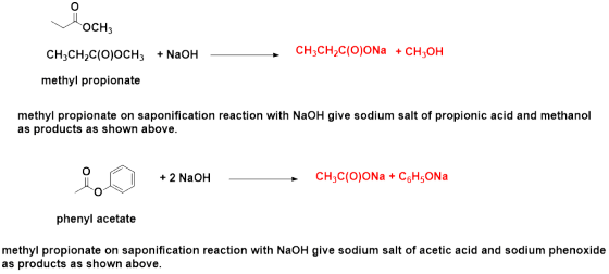 OCH3 CH3CH2C(O)OCH3 + NaOH CH3CH2C(O)ONa + CH3OH methylpropionate methyl propionate on saponification reaction with NaOH give