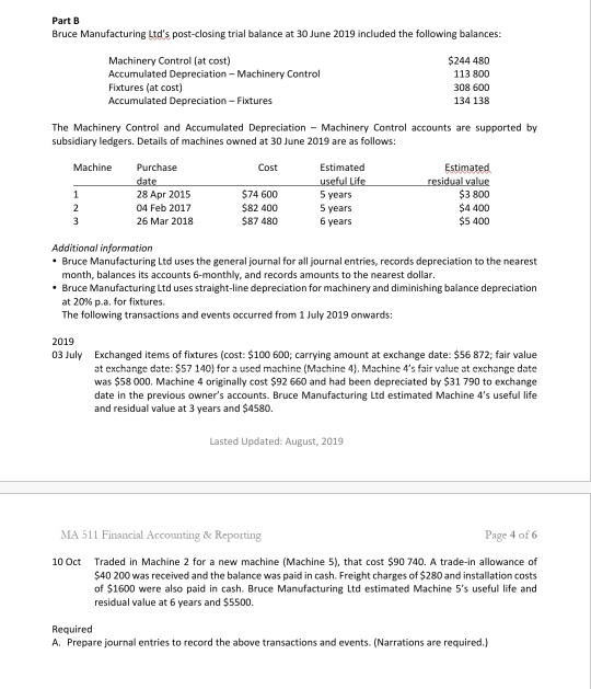 Part B Bruce Manufacturing Ltds post-closing trial balance at 30 June 2019 included the following balances: Machinery Contro