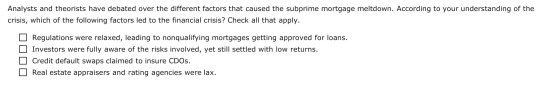 Analysts and theorists have debated over the different factors that caused the subprime mortgage meltdown. According to your