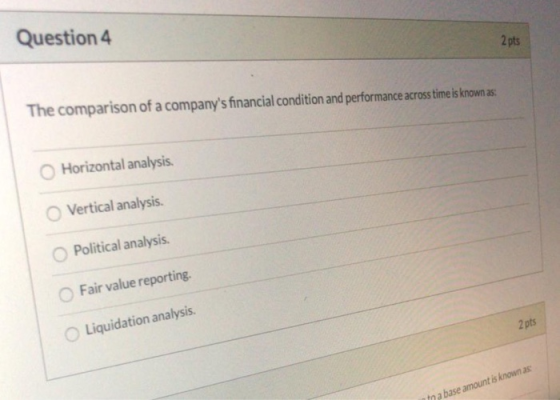 Question 2 pts The comparison of a companys financial condition and performance across time is known as Horizontal analysis