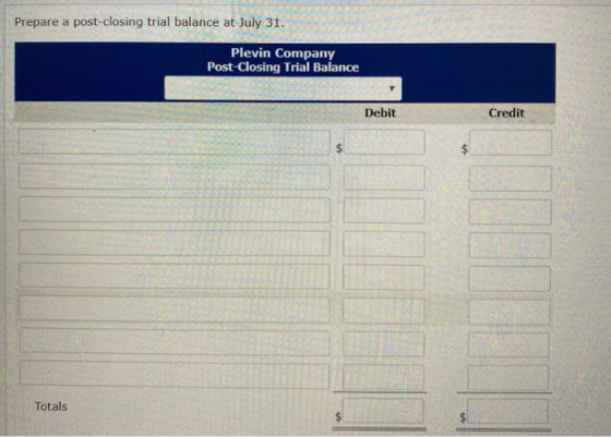 Prepare a post-closing trial balance at July 31. Plevin Company Post-Closing Trial Balance Debit Credit $ Totals