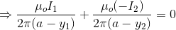 \Rightarrow \frac{\mu_oI_1}{2\pi(a-y_1)}+\frac{\mu_o(-I_2)}{2\pi(a-y_2)}=0