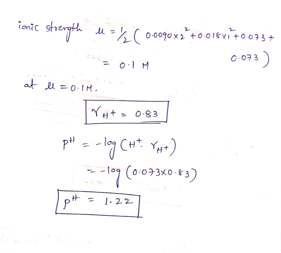 inic strength 2 0090x2 +0.018X1 +0.073+ = 0.1 M 0.033 ) at ll = 0.1M. rot = 0.63 pt = -log C++ VH+) --109 (0-073X0-83) pH = 1
