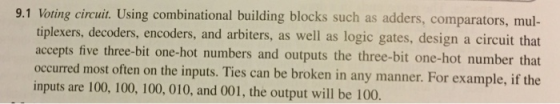 9.1 Voting circuit. Using combinational building blocks such as adders, comparators, mul- tiplexers, decoders, encoders, and