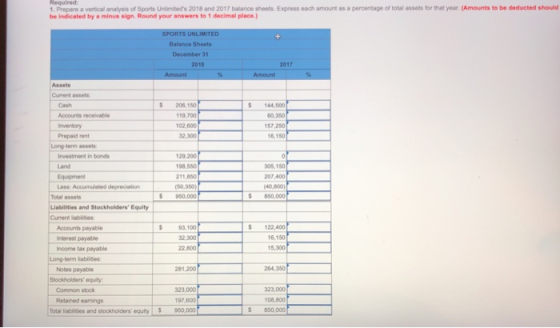1. Prepare a vertical analysis of Sports Unlimiteds 2018 and 2017 balance sheets. Express each amount as a percentage of tot