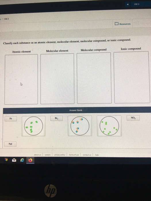 HW 3 Resources Classify cach substance as an atomic element, molecular element, molecular compound, or ionic compound. lonic