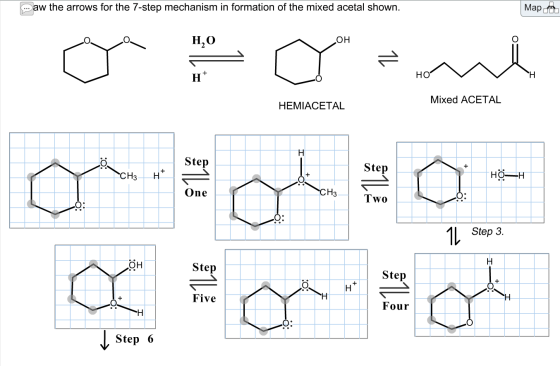 aw the arrows for the 7-step mechanism in formation of the mixed acetal shown. Map H2O OH 11 H* но Mixed ACETAL HEMIACETAL H