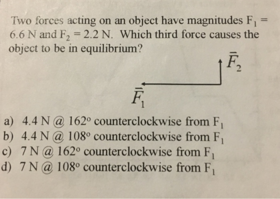 Two forces acting on an object have magnitudes F1 6.6 N and F2 2.2 N. Which third force causes the object to be in equilibrium? F2 a) 4.4 Na 1620 counterclockwise from F b) 4.4 Na 1080 counterclockwise from F c) 7 N 162° counterclockwise from F d) 7 N 108o counterclockwise from Fi