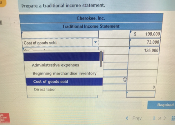 Prepare a traditional income statement. Cherokee, Inc. Traditional Income Statement $ 198,000 73,000 Cost of goods sold 125,0