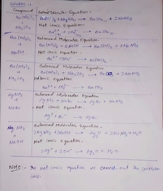 solution - Compound Baland Molecular Equation - Ba(NO3) 2 BaNO3) + Nasoy - Basou, s + 2 NaNO3 Na, soy | Net ionic Equation -