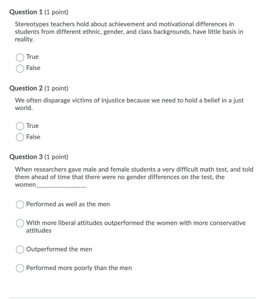 Question 1 (1 point) Stereotypes teachers hold about achievement and motivational differences in students from different ethn