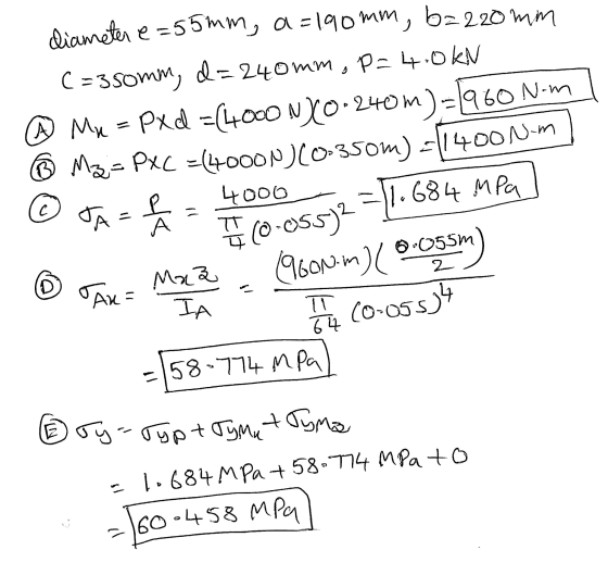 ༡ diameter e=55mm, a=190mm, b=220mm C =3 somm, d = 240mm, P= 4.0 km & Mye = Px d =(4000 NY0-240m)-1960 Nom Mz-PxC =(4000N)(0-