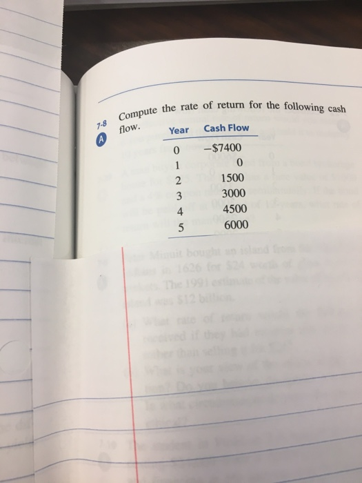 te of return for the following cash Compute the rate of return for the 7-8 flow. Year 0 Cash Flow -$7400 1500 3000 4500 6000