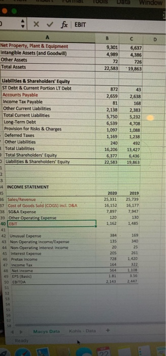 1001S Date Window + x fx EBIT B с D A Net Property, Plant & Equipment Intangible Assets (and Goodwill) Other Assets Total Ass