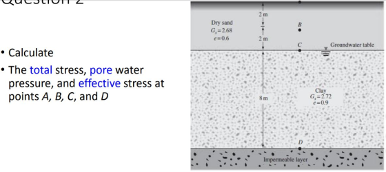 2 m Dry sand G,-2.68 に0.6 Groundwater table Calculate The total stress, pore water pressure, and effective stress at points A, B, C, and D Cl ay e 0.9