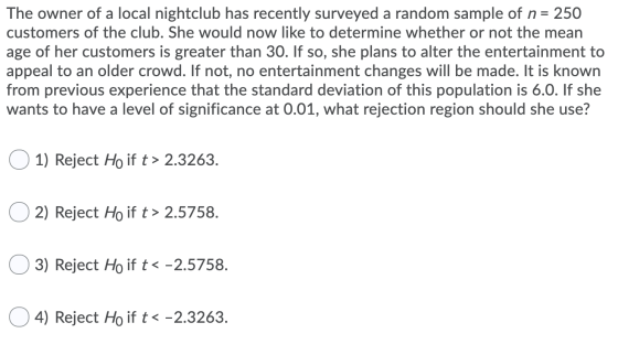 The owner of a local nightclub has recently surveyed a random sample of n 250 customers of the club. She would now like to de