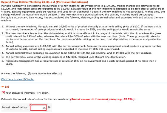 Expand Your Critical Thinking 25-01 a-d (Part Level Submission) Marigold Company is considering the purchase of a new machine