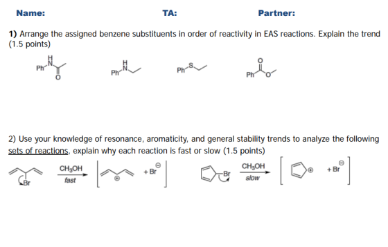 Name: TA: Partner: 1) Arrange the assigned benzene substituents in order of reactivity in EAS reactions. Explain the trend (1