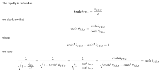 The rapidity is defined as UTE,a tanh θΤΕ,2- we also know that sinh 67E,2 where cosh2 θ we have cosh θΤΕ,2 TE 1-2