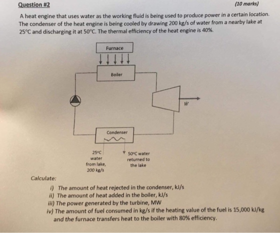 Question #2 10 marks) A heat engine that uses water as the working fluid is being used to produce power in a certain location. The condenser of the heat engine is being cooled by drawing 200 kg/s of water from a nearby lake at 25°C and discharging it at 50°C. The thermal efficiency of the heat engine is 40%. Furnace Boiler Condenser 25°C | water from lake 200 kg/s V 50°C water returned to the lake Calculate: i) The amount of heat rejected in the condenser, kJ/s ii) The amount of heat added in the boiler, kJ/s ii) The power generated by the turbine, MW iv) The amount of fuel consumed in kg/s if the heating value of the fuel is 15,000 kJ/kg and the furnace transfers heat to the boiler with 80% efficiency.