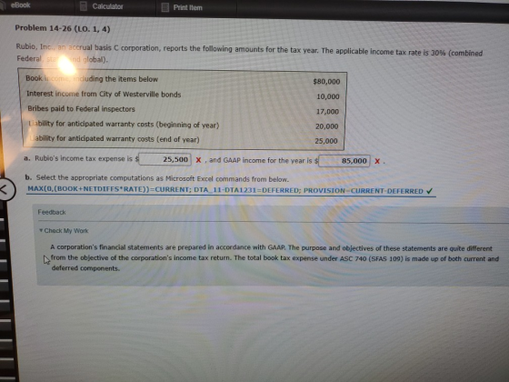 eBook Calculator E Print Item Problem 14-26 (LO. 1, 4) Rubio, Inc., an accrual basis C corporation, reports the following amo