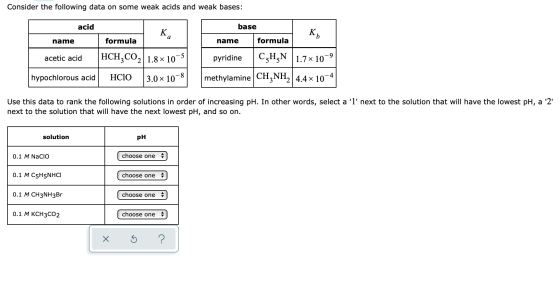 Consider the following data on some weak acids and weak bases: acid base к, name formula name formula acetic acid HCH,CO2 1.8