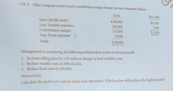 E20-9 Uller Companys most recent contribution margin format income statement follows: Sales (20,000 units) Less: Variable ex