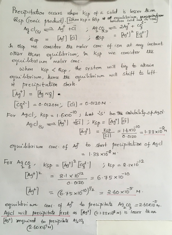 stion Precipitation occurs when kop of a solid is lesser than asp Clonic product). When ksps Gesp ve ate equilibrium, propap