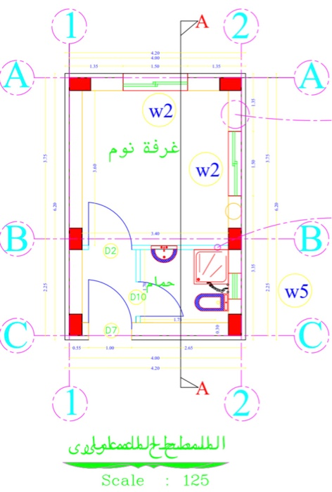 (1) A) A) W2 33 غرفة نوم 175 w2 2 B B) D2 D10 W5 U C D7 C) 3 الطلمطط الطلسمعياھی Scale : 125