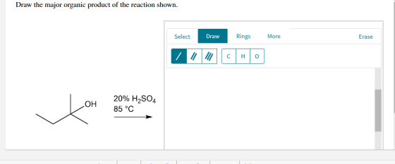 Draw the major organic product of the reaction shown Rings Select Draw More Erase C н 20% H2SO4 Но 85 °C