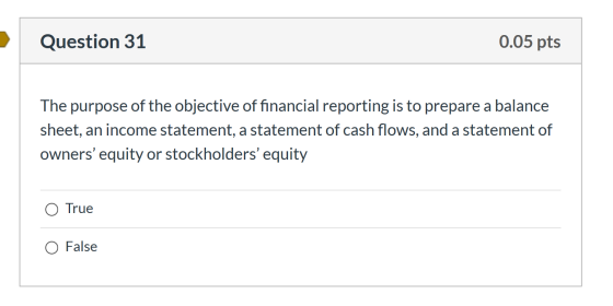 Question 31 0.05 pts The purpose of the objective of financial reporting is to prepare a balance sheet, an income statement,