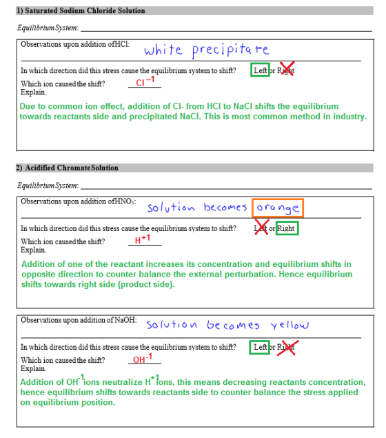 1) Saturated Sodium Chloride Solution Equilibrium System: Observations upon addition ofHCl: white precipitate In which direct