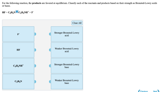 For the following reaction, the products are favored at equilibrium. Classify each of the reactants and products based on the
