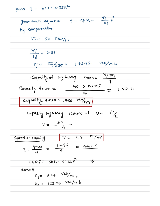 giren q = Sok-8.35K² 2 vf k K green shield equation 9=VEK- By comparadition rf=50 melho Vf 0.35 KJ k - S636 - 142.85 ven/mile