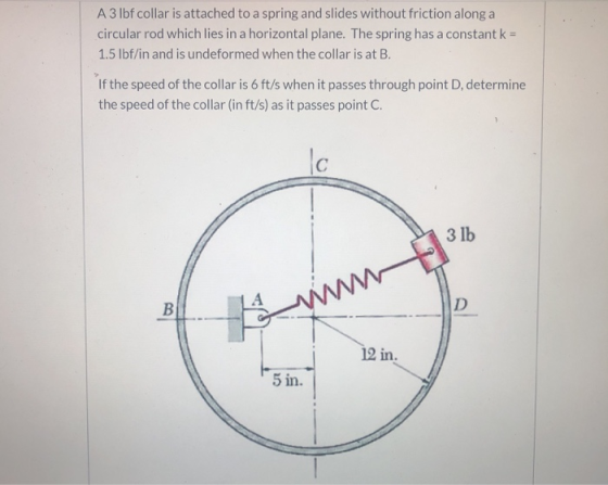 A 3 lbf collar is attached to a spring and slides without friction along a circular rod which lies in a horizontal plane. The