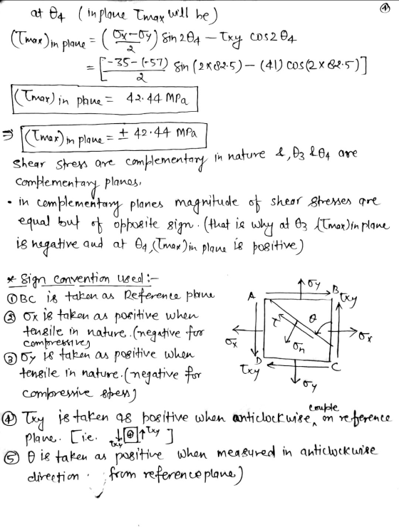 (Tmax) in in plane at Oq (inplane tmage will be) Sin 204 – Txy Cos204 -35-(-57) Sin (282-5) – (41) cos (2x625)] Tmax) in plan