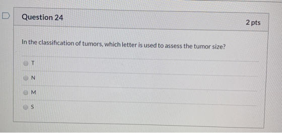 D Question 24 2 pts In the classification of tumors, which letter is used to assess the tumor size?