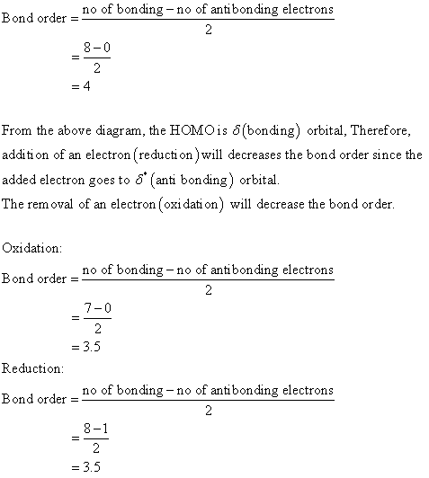 no of bonding- no of antibonding electrons Bond order - From the above diagram, the HOMOis (bonding) orbital, Therefore addit