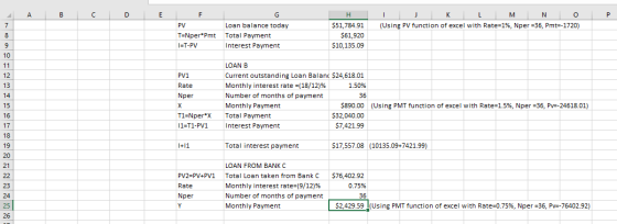 I II B C D F Ι Ρ E Loan balance today T=Nper Pmt Total Payment I=T-PV Interest Payment PV Γ Η Τ $51,784.91 $61,920 $10,135.09
