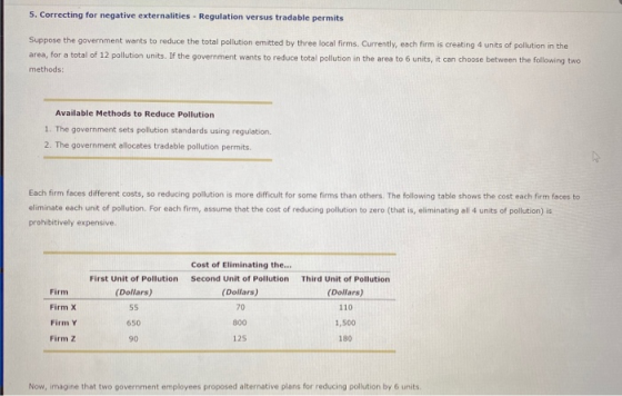 5. Correcting for negative externalities - Regulation versus tradable permits Suppose the government wants to reduce the tota