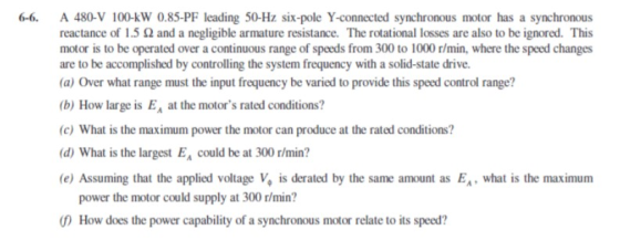 A 480-V 100-kW 0.85-PF leading 50-Hz six-pole Y-connected synchronous motor has a synchronous reactance of 1.5 and a negligib