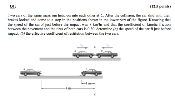 91: (12.5 points) Two cars of the same mass run head-on into each other at C. After the collision, the car skid with their brakes locked and come to a stop in the positions shown in the lower part of the figure. Knowing that the speed of the car A just before the impact was 8 km/hr and that the coefficient of kinetic friction between the pavement and the tires of both cars is 0.30, determine (a) the speed of the car B just before impact, (b) the effective coefficient of restitution between the two cars.