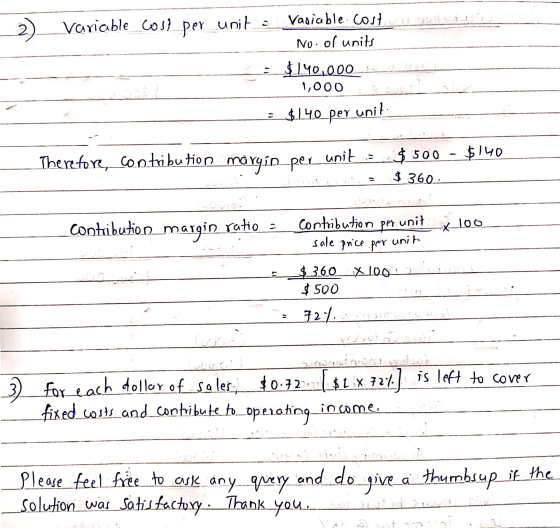 2) Variable cost per unito Variable cost No. of units = $.140,000 1,000 = $140_pey unil Therefore, contribution margin_per un