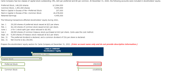 Carla Company has two classes of capital stock outstanding: 8%, $20 par preferred and $5 par common. At December 31, 2020, th